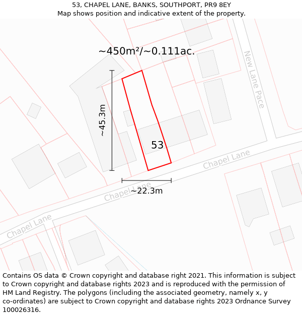 53, CHAPEL LANE, BANKS, SOUTHPORT, PR9 8EY: Plot and title map