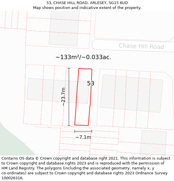 53, CHASE HILL ROAD, ARLESEY, SG15 6UD: Plot and title map