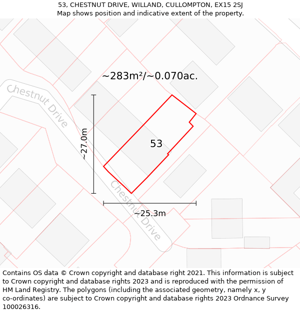 53, CHESTNUT DRIVE, WILLAND, CULLOMPTON, EX15 2SJ: Plot and title map