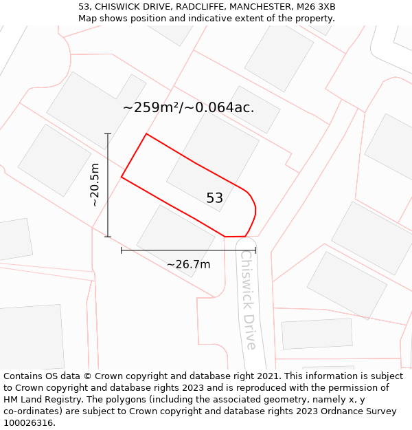 53, CHISWICK DRIVE, RADCLIFFE, MANCHESTER, M26 3XB: Plot and title map