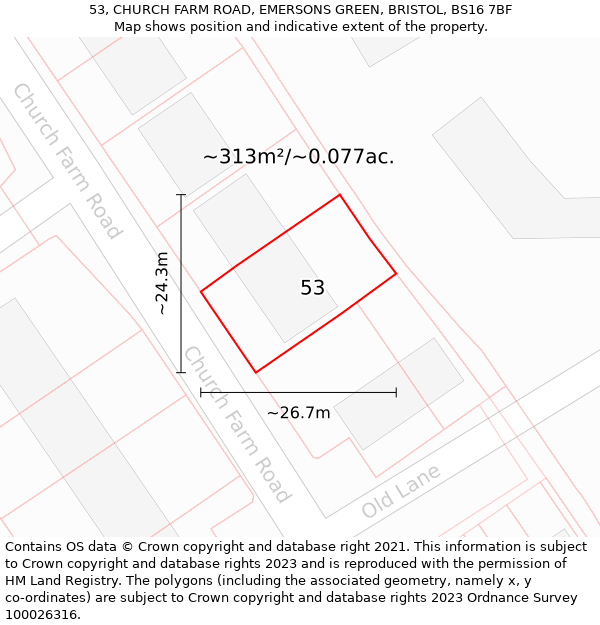 53, CHURCH FARM ROAD, EMERSONS GREEN, BRISTOL, BS16 7BF: Plot and title map