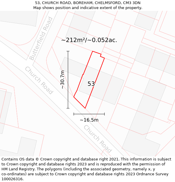 53, CHURCH ROAD, BOREHAM, CHELMSFORD, CM3 3DN: Plot and title map