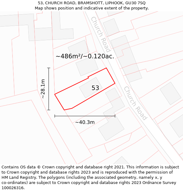 53, CHURCH ROAD, BRAMSHOTT, LIPHOOK, GU30 7SQ: Plot and title map