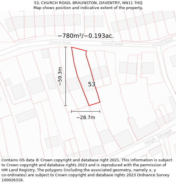 53, CHURCH ROAD, BRAUNSTON, DAVENTRY, NN11 7HQ: Plot and title map