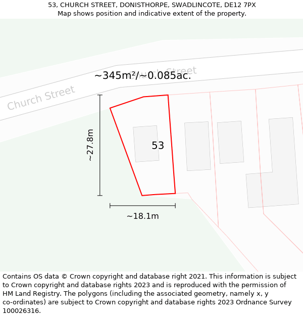 53, CHURCH STREET, DONISTHORPE, SWADLINCOTE, DE12 7PX: Plot and title map