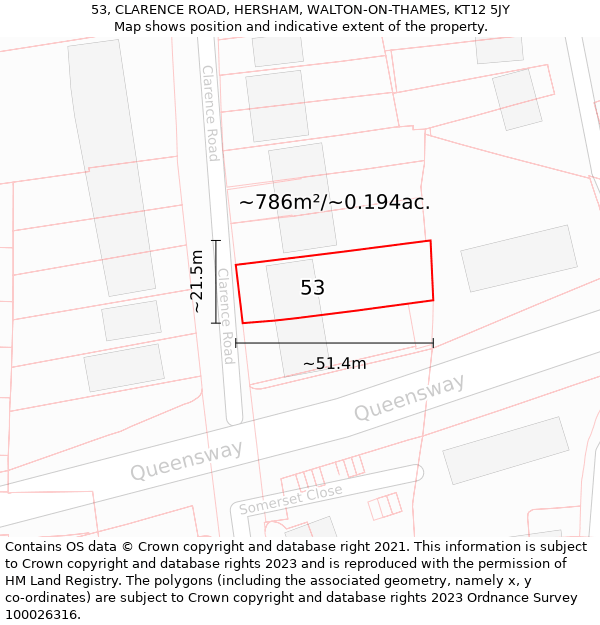 53, CLARENCE ROAD, HERSHAM, WALTON-ON-THAMES, KT12 5JY: Plot and title map