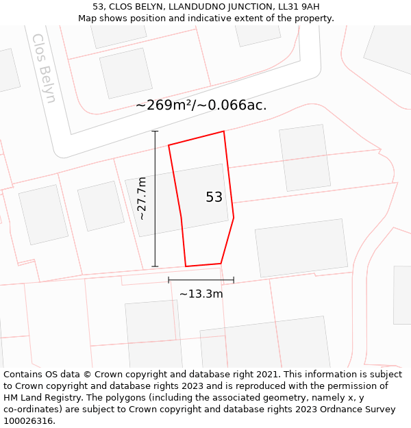 53, CLOS BELYN, LLANDUDNO JUNCTION, LL31 9AH: Plot and title map