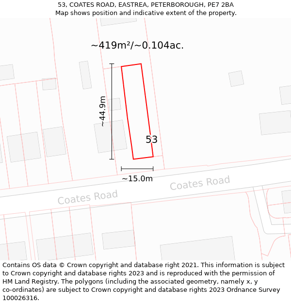 53, COATES ROAD, EASTREA, PETERBOROUGH, PE7 2BA: Plot and title map