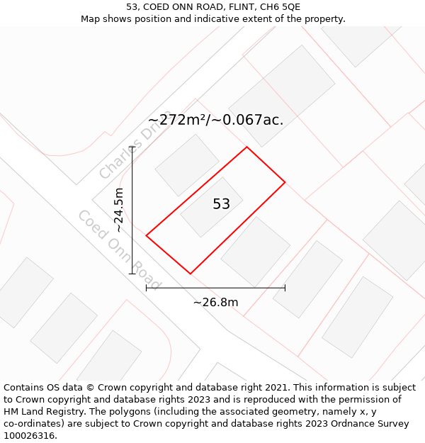 53, COED ONN ROAD, FLINT, CH6 5QE: Plot and title map