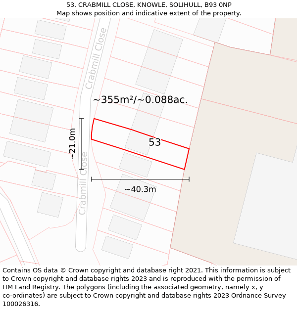 53, CRABMILL CLOSE, KNOWLE, SOLIHULL, B93 0NP: Plot and title map