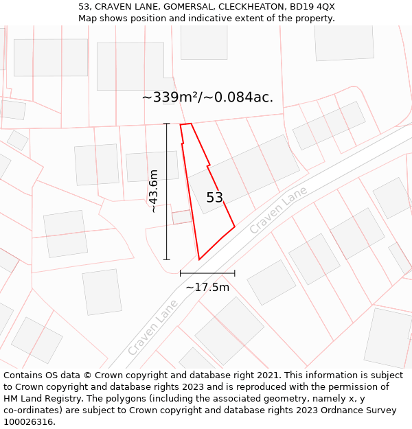53, CRAVEN LANE, GOMERSAL, CLECKHEATON, BD19 4QX: Plot and title map