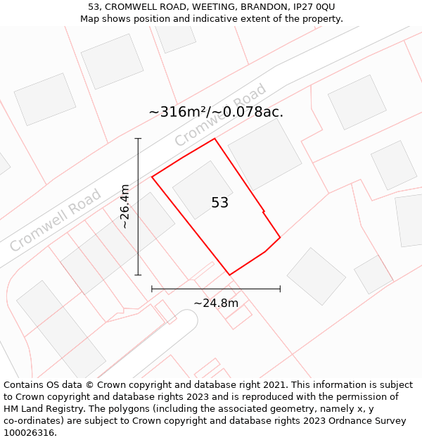 53, CROMWELL ROAD, WEETING, BRANDON, IP27 0QU: Plot and title map