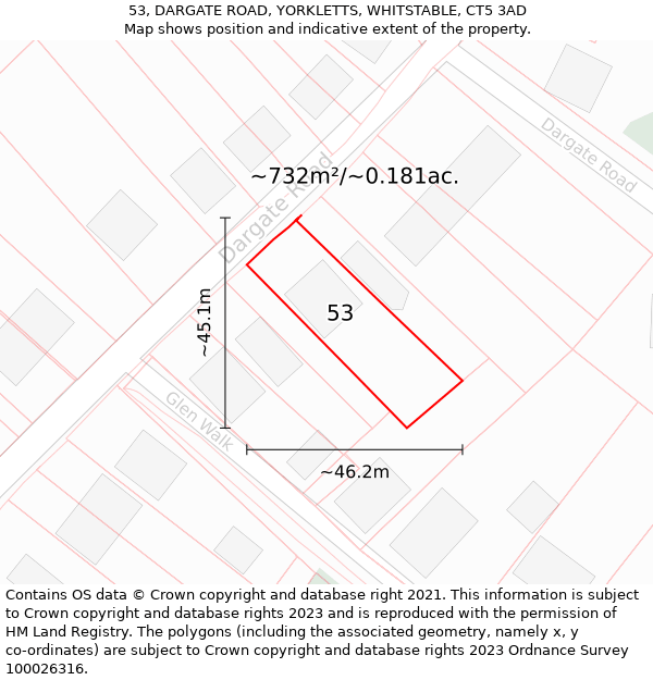 53, DARGATE ROAD, YORKLETTS, WHITSTABLE, CT5 3AD: Plot and title map