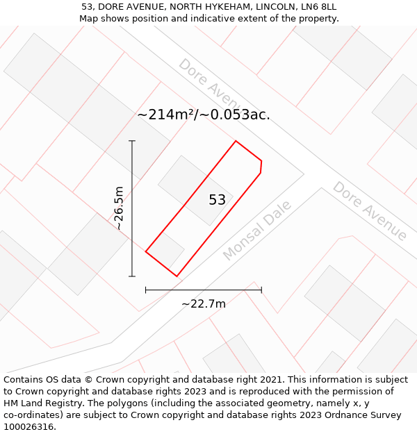 53, DORE AVENUE, NORTH HYKEHAM, LINCOLN, LN6 8LL: Plot and title map