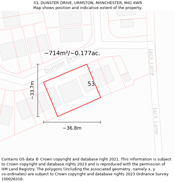 53, DUNSTER DRIVE, URMSTON, MANCHESTER, M41 6WR: Plot and title map