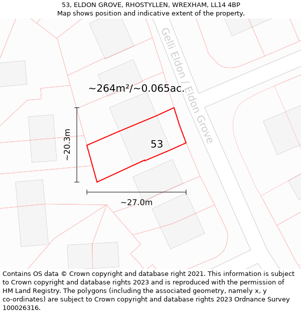 53, ELDON GROVE, RHOSTYLLEN, WREXHAM, LL14 4BP: Plot and title map