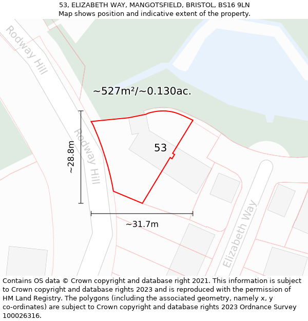 53, ELIZABETH WAY, MANGOTSFIELD, BRISTOL, BS16 9LN: Plot and title map