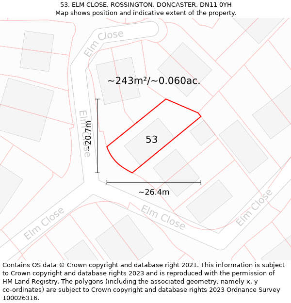 53, ELM CLOSE, ROSSINGTON, DONCASTER, DN11 0YH: Plot and title map