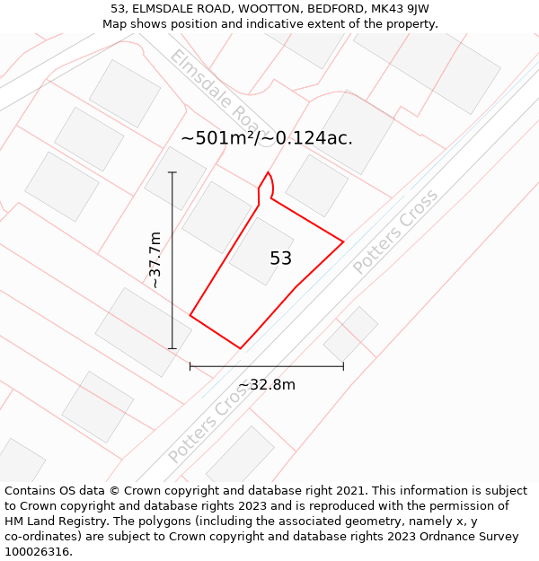 53, ELMSDALE ROAD, WOOTTON, BEDFORD, MK43 9JW: Plot and title map