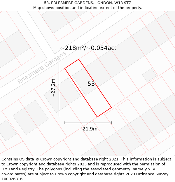 53, ERLESMERE GARDENS, LONDON, W13 9TZ: Plot and title map