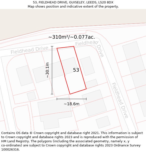 53, FIELDHEAD DRIVE, GUISELEY, LEEDS, LS20 8DX: Plot and title map