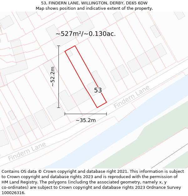 53, FINDERN LANE, WILLINGTON, DERBY, DE65 6DW: Plot and title map