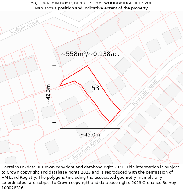 53, FOUNTAIN ROAD, RENDLESHAM, WOODBRIDGE, IP12 2UF: Plot and title map