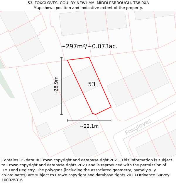 53, FOXGLOVES, COULBY NEWHAM, MIDDLESBROUGH, TS8 0XA: Plot and title map