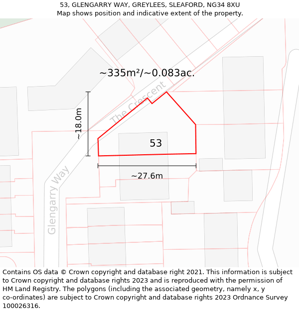 53, GLENGARRY WAY, GREYLEES, SLEAFORD, NG34 8XU: Plot and title map