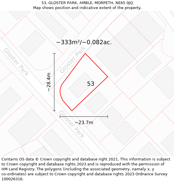 53, GLOSTER PARK, AMBLE, MORPETH, NE65 0JQ: Plot and title map