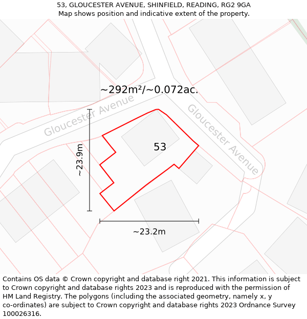 53, GLOUCESTER AVENUE, SHINFIELD, READING, RG2 9GA: Plot and title map