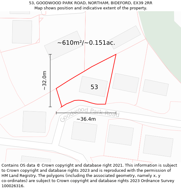 53, GOODWOOD PARK ROAD, NORTHAM, BIDEFORD, EX39 2RR: Plot and title map