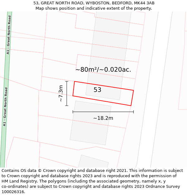 53, GREAT NORTH ROAD, WYBOSTON, BEDFORD, MK44 3AB: Plot and title map