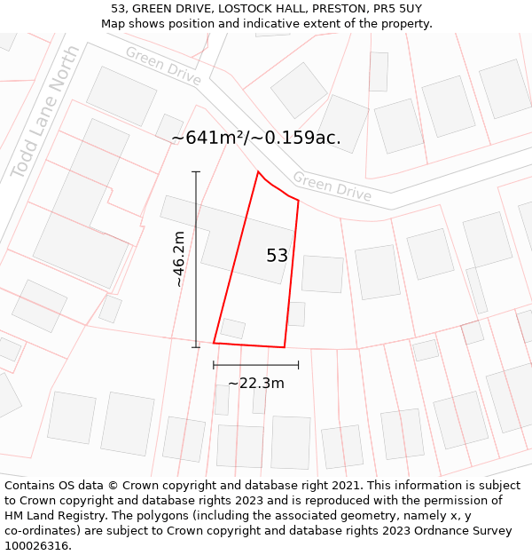 53, GREEN DRIVE, LOSTOCK HALL, PRESTON, PR5 5UY: Plot and title map