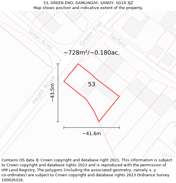 53, GREEN END, GAMLINGAY, SANDY, SG19 3JZ: Plot and title map