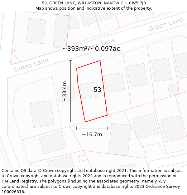 53, GREEN LANE, WILLASTON, NANTWICH, CW5 7JB: Plot and title map