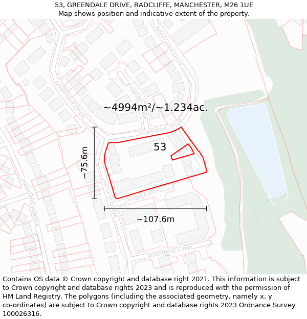 53, GREENDALE DRIVE, RADCLIFFE, MANCHESTER, M26 1UE: Plot and title map