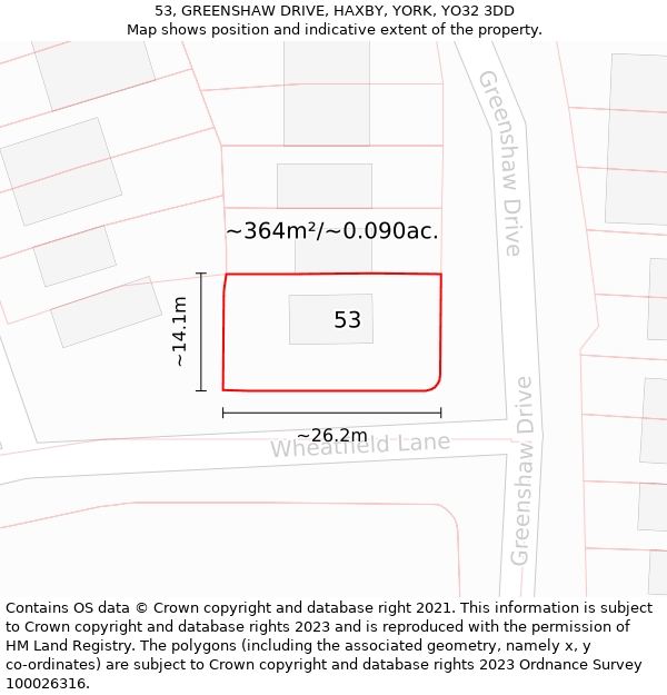 53, GREENSHAW DRIVE, HAXBY, YORK, YO32 3DD: Plot and title map