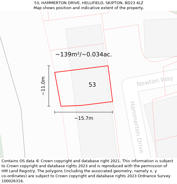 53, HAMMERTON DRIVE, HELLIFIELD, SKIPTON, BD23 4LZ: Plot and title map