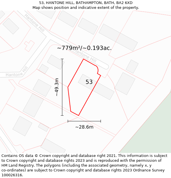 53, HANTONE HILL, BATHAMPTON, BATH, BA2 6XD: Plot and title map