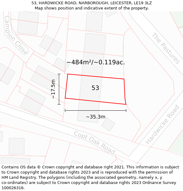 53, HARDWICKE ROAD, NARBOROUGH, LEICESTER, LE19 3LZ: Plot and title map