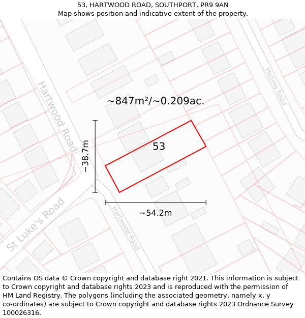 53, HARTWOOD ROAD, SOUTHPORT, PR9 9AN: Plot and title map