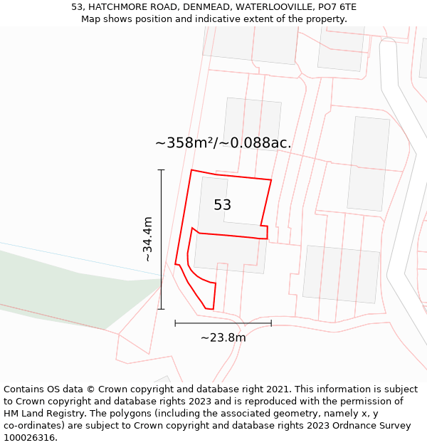 53, HATCHMORE ROAD, DENMEAD, WATERLOOVILLE, PO7 6TE: Plot and title map