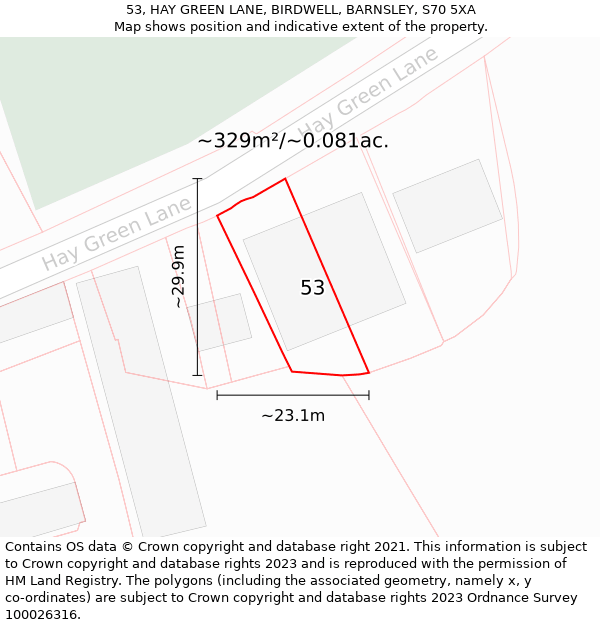 53, HAY GREEN LANE, BIRDWELL, BARNSLEY, S70 5XA: Plot and title map