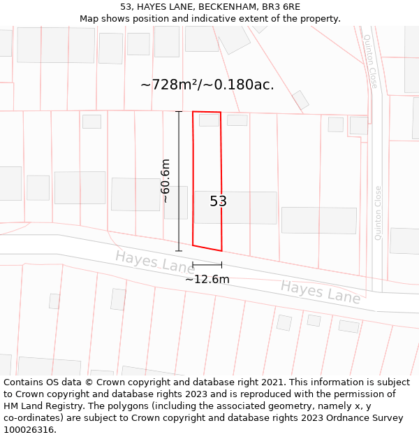 53, HAYES LANE, BECKENHAM, BR3 6RE: Plot and title map