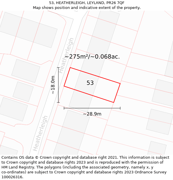 53, HEATHERLEIGH, LEYLAND, PR26 7QF: Plot and title map