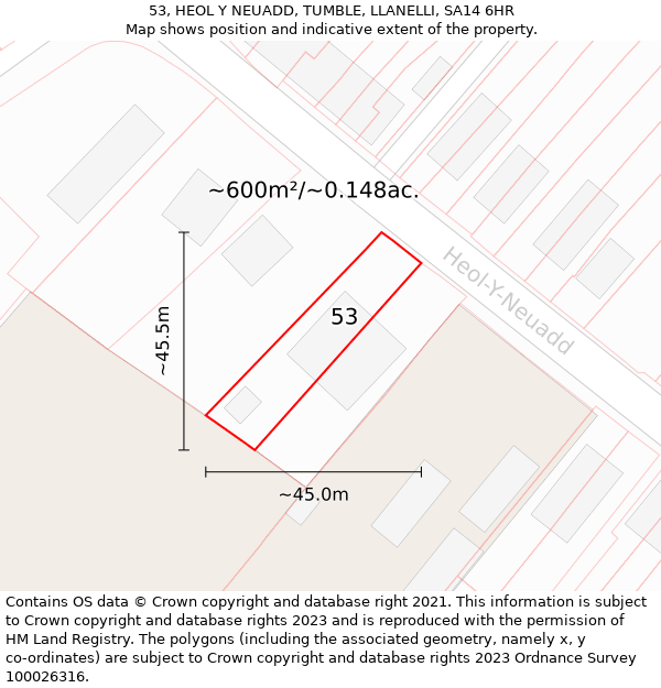 53, HEOL Y NEUADD, TUMBLE, LLANELLI, SA14 6HR: Plot and title map