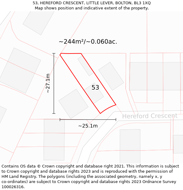 53, HEREFORD CRESCENT, LITTLE LEVER, BOLTON, BL3 1XQ: Plot and title map