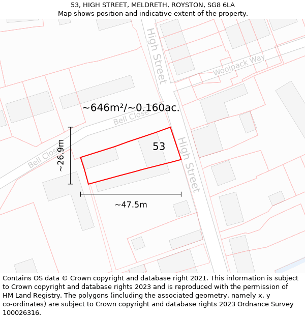 53, HIGH STREET, MELDRETH, ROYSTON, SG8 6LA: Plot and title map