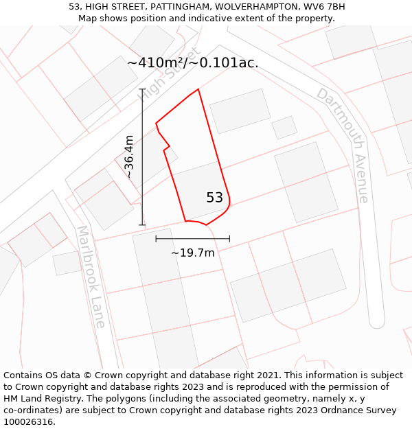 53, HIGH STREET, PATTINGHAM, WOLVERHAMPTON, WV6 7BH: Plot and title map